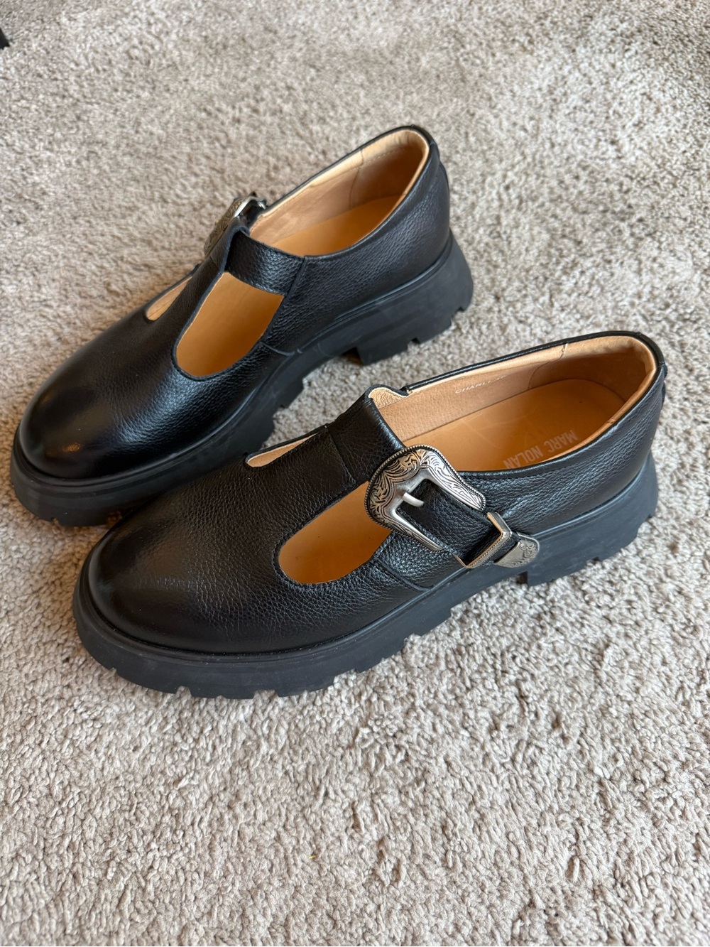 Black Leather Marc Nolan T-Strap Mary Jane with Western Buckle, Size 10